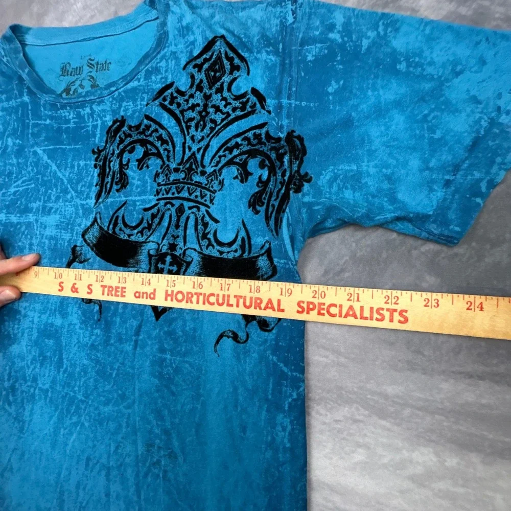 Raw State Mens Large Turquoise Blue Graphic Tee Y2K Biker MMA Fleur De Lis Shirt